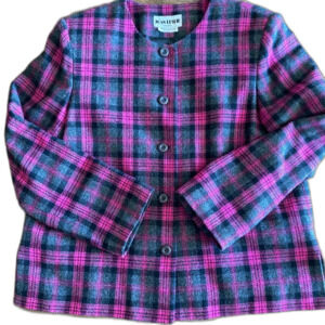 Vintage Joan Leslie Pink & Gray Plaid Wool Blend Blazer Women's 12 Petite